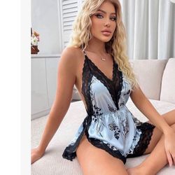 Floral Print Night Romper Lace Trim High Cut Lingerie Chemise Nightgown