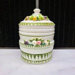 VINTAGE CAPODIMONTE STYLE 7" HIGH LIDDED FRUIT CERAMIC CANISTER HAND PAINTED EUC