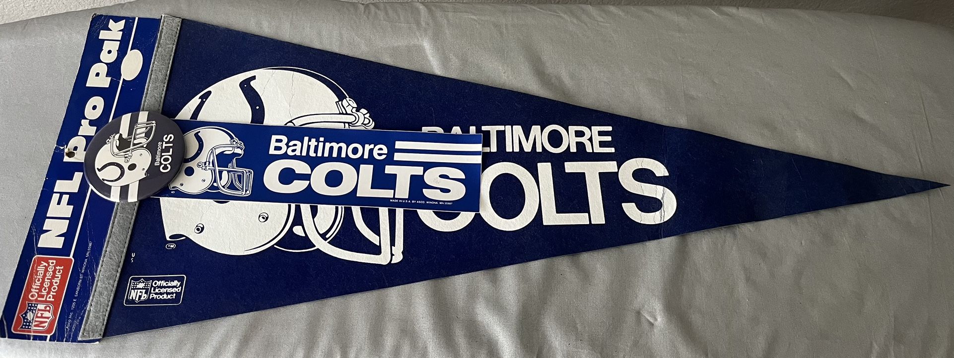 Vintage Baltimore Colts Pennant, Bumper Sticker, and Pin Set NFL