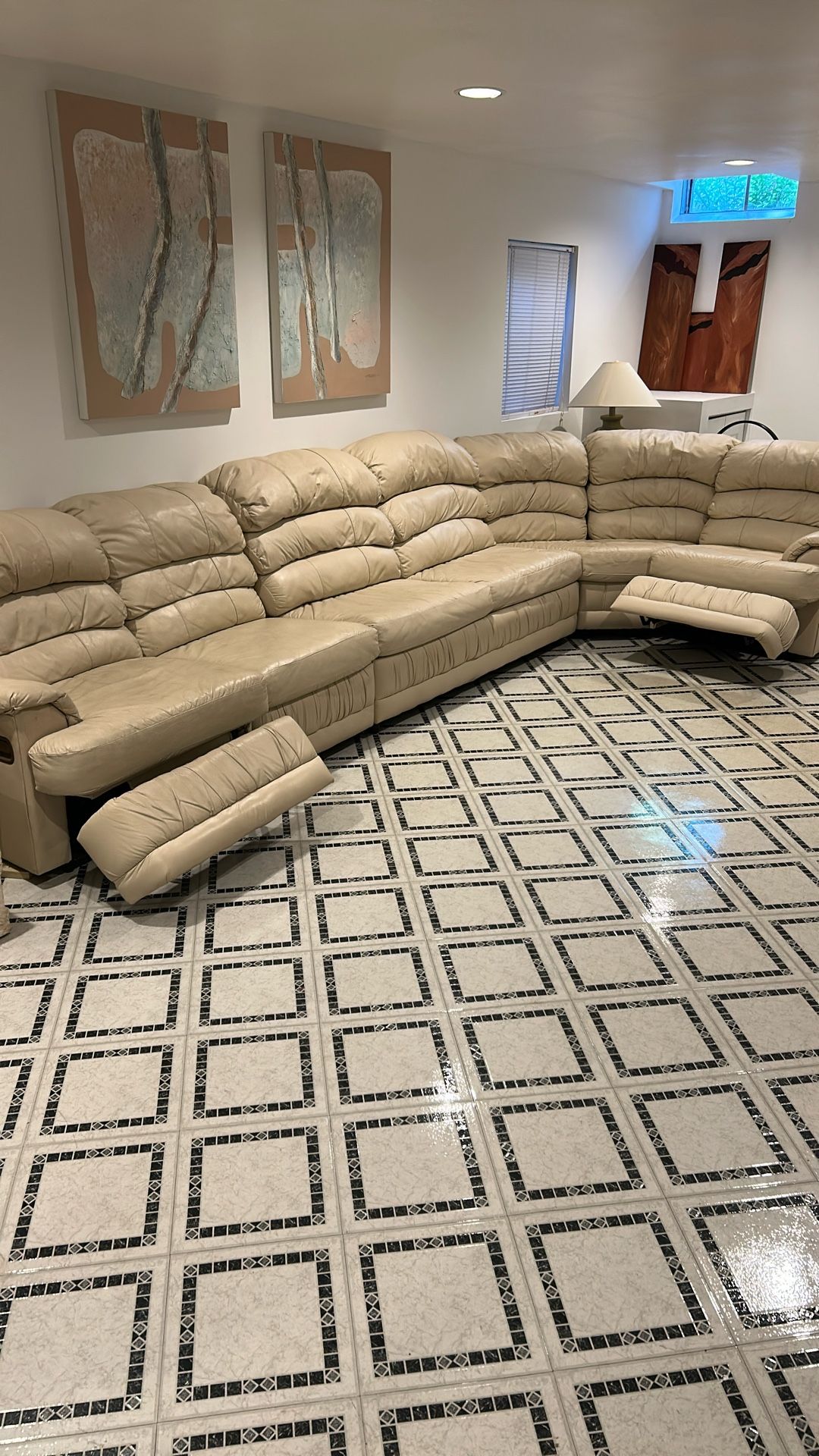 Beige Real Leather Sectional Sofa And Tables Set- Great Condition.