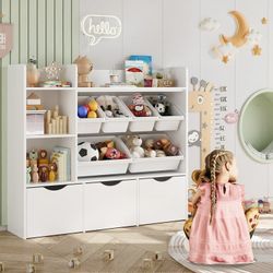 Kids Bookcase with 6 Storage Bins, Multi-Purpose Toy Organizers Bookshelf with 3 Drawers for Bedroom Nursery Playroom, White