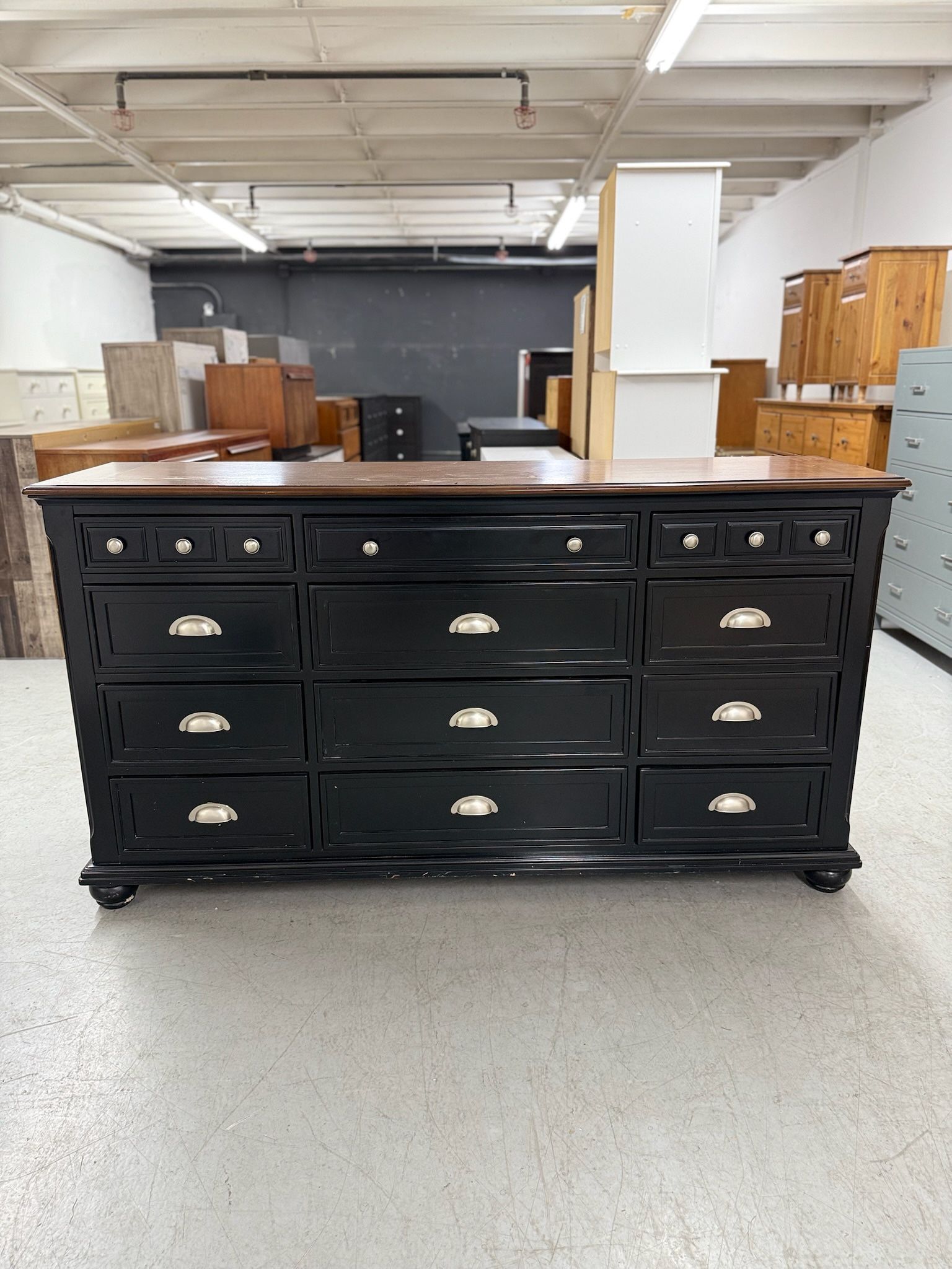Large Black & Wood Top 12 Drawer Dresser