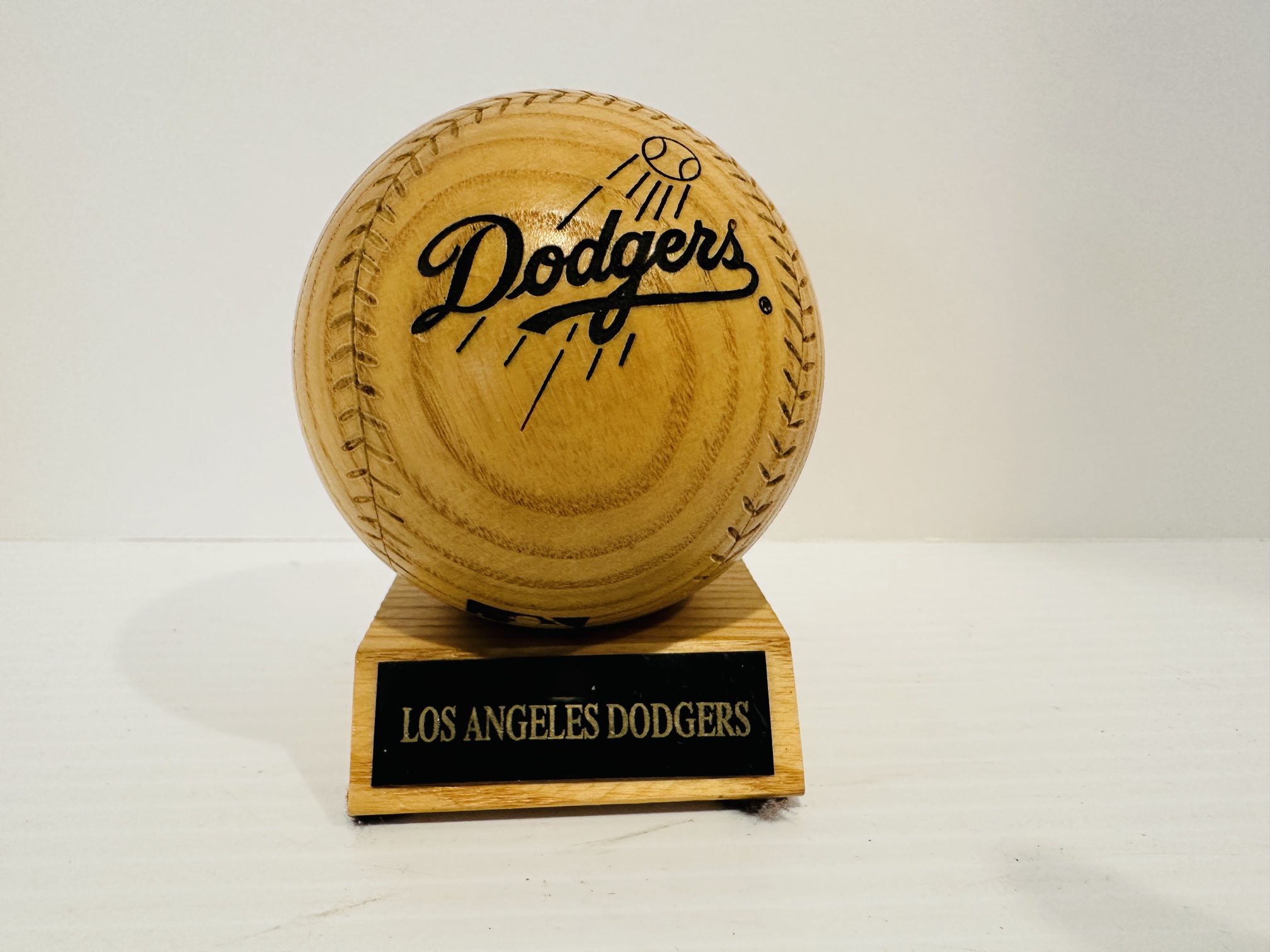 Vintage Los Angeles Dodgers Wooden Basebal with Stand and Name Plate