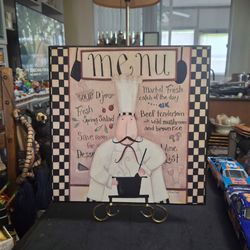 Fat Chef "Menu" Kitchen Wall Decor Pressed Wood Plaque. Art By Dan Di Paolo 12 X 12 (Easel Not Incl)