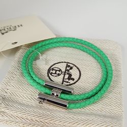 New Hermes Green Tournis Tresse Bracelet Swift Calfskin Authentic T4