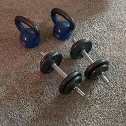 2 X 20 Lb Kettle Bells  And 2 15 Lb Dumb Bells 