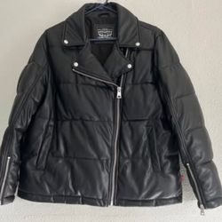 Levi's BLACK Women's Faux Leather Moto Puffer Jacket L
