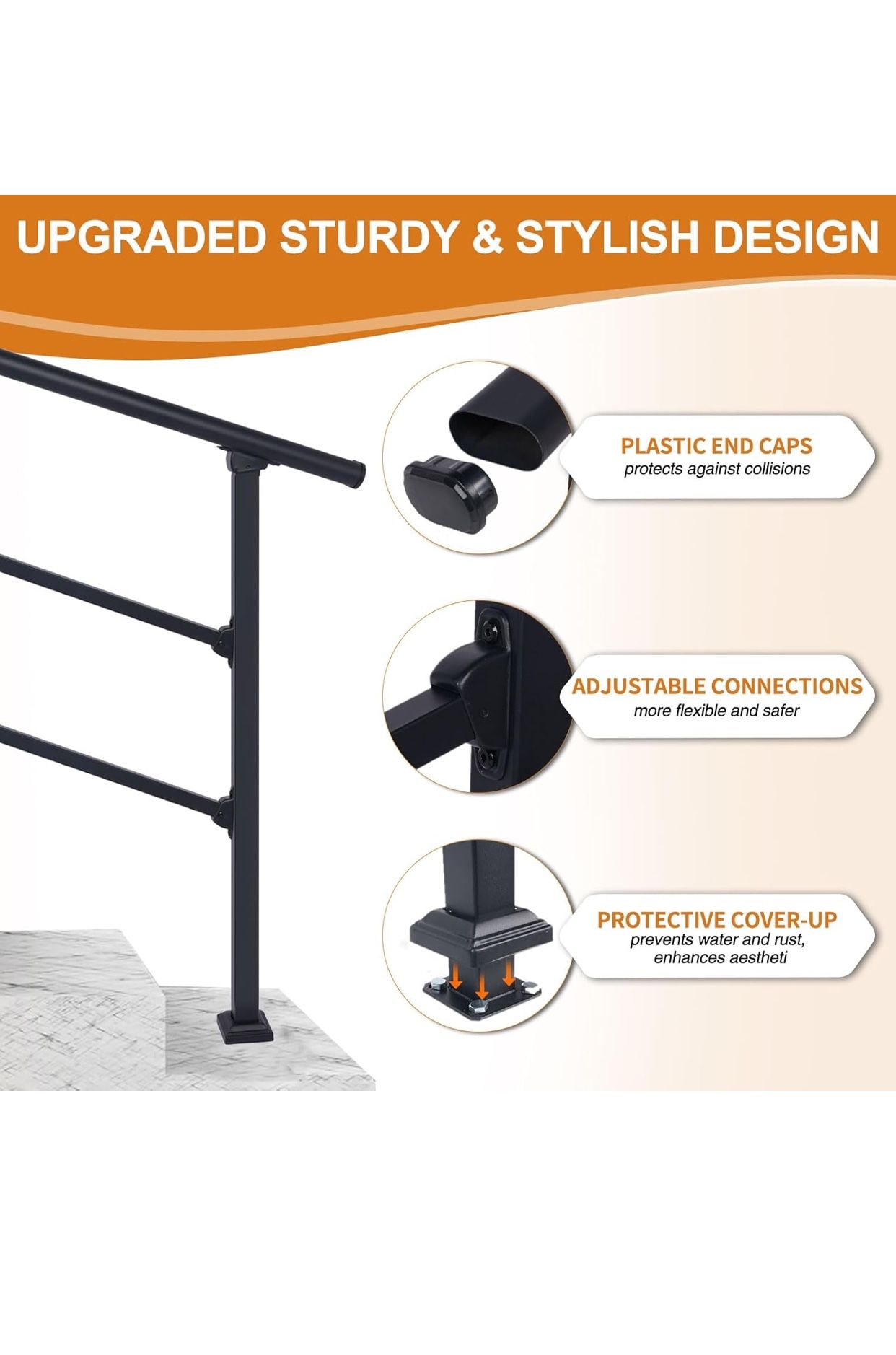 3-Step Outdoor Stair Railing: Black Wrought Iron Handrail for 2 to 3 Steps - Porch Stairs Hand Rail