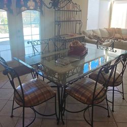Iron and stone marble dining kitchen table and Bakers Hutch8 peice Durable 16-gauge steel construction scrolling roth iron dining table and bakers hut