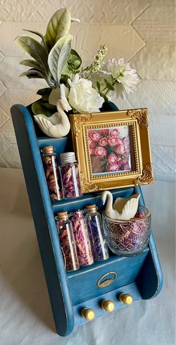 Vintage Upcycled Blue Three-Tiered Wooden Wall Shelf/Mail Organizer w/Gold Accents