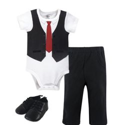 Little Treasure Baby Boy Cotton Bodysuit, Pant and Shoe 3pc Set, Black Red Vest, 9-12 Months