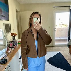 Caramel brown custom made microsuede feel women’s bomber jacket size M medium