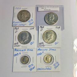 (6) - FRANKLIN, KENNEDY HALF DOLLAR, ROOSEVELT AND MERCURY TEN CENT SILVER COINS FOR COLLECTION
