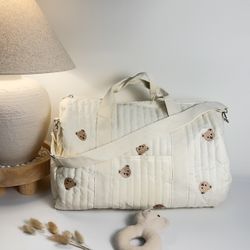 Cozy Quilted Organiser Diaper Baby Bag with Bear Pattern, Large Capacity Travel Tote, Cream 