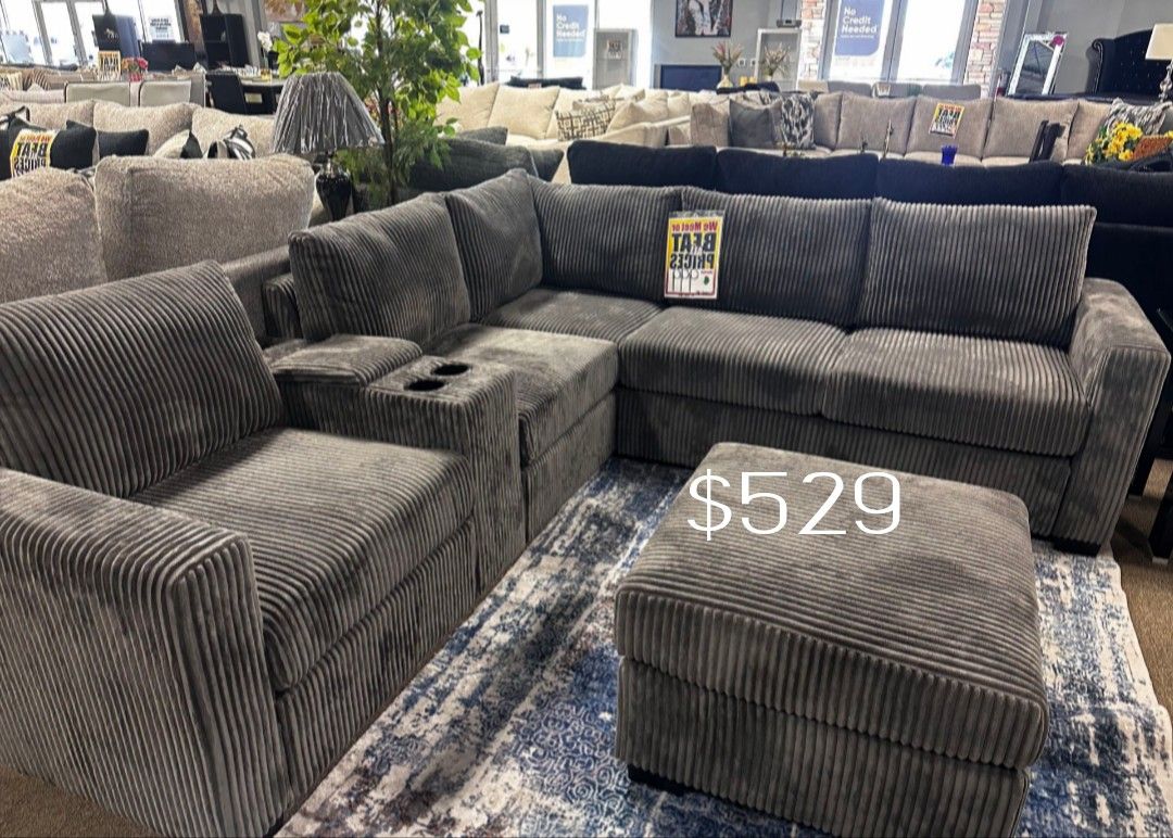 Elegant 4-pc Sectional Sofa With Ottoman Wide- Welt Corduroy Brand New ‼️