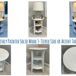 Freshly Painted White with Distressed Edges Solid Wood 3-Tiered Side or Accent Table 