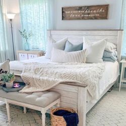 Whitewash Cottage Style 7 Piece Queen Size Panel Bedroom Set✅ $39 Down Payment 💥 Brand New💫
