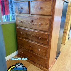 Oak Pinewood Tall Jumbo Double Knob Dresser Six Drawer 
