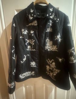 Silkland Black Embroidered 100% Silk Quilted Jacket With Button Front XL