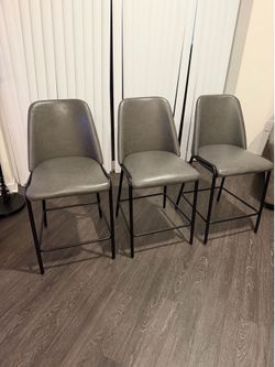 Set of 3 Modern Counter Stools – Gray Faux Leather + Black Metal