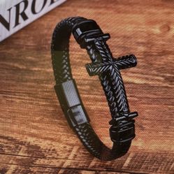 Men’s Leather Braided 8 1/2 Inch Cross Bracelet With Clasp  S-G 0047