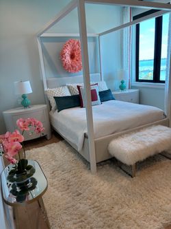 Queen BR set with canopy frame, two nightstands, side table and dresser