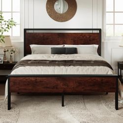 Queen Size Metal Platform Bed With Wooden Headboard 