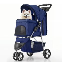 MoNiBloom 3 Wheels Pet Stroller, Foldable Dog Cat Cage Jogger Stroller with Weather Cover for All-Season, Storage Basket and Cup Holder, Breathable 