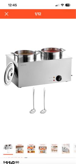VEVOR Electric Soup Warmer, Two 6.34QT Stainless Steel Round Pot with 86~185°F Adjustable Temp, 1200W Commercial Bain Marie Compatible with Pans, Soup