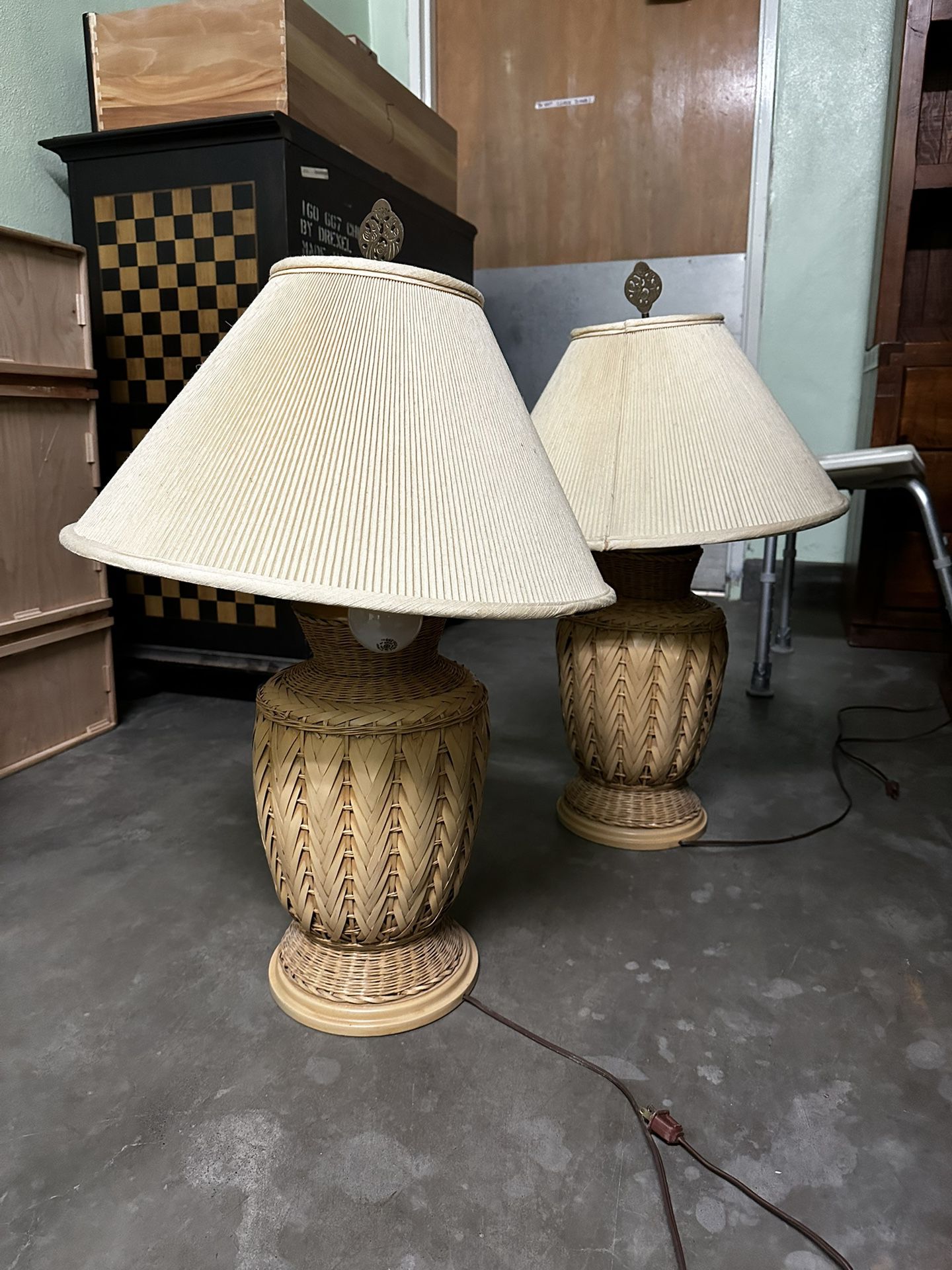 Vintage Wicker Woven Lamps - A Pair