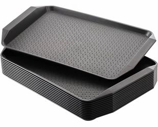 Cedilis 12 Pack Plastic Fast Food Trays for Eating, 17IN x 11.7IN Black Restaurant Serving Trays with Handles, Rectangular Cafeteria Tray for Coffee, 