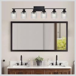 Modern Black 6-Light Bathroom Vanity Light – Hammered Glass (New in Box)