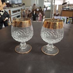 Set Of 2 Gorgeous Crystal Cognac Snifter Glasses By Cellini In Italy 🇮🇹  W/24K Etched Gold Rim& Diamond Pattern 5"H