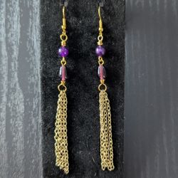 Elegant Purple Jade & Gold Chain Dangle Earrings – Handmade, Hypoallergenic & Unique
