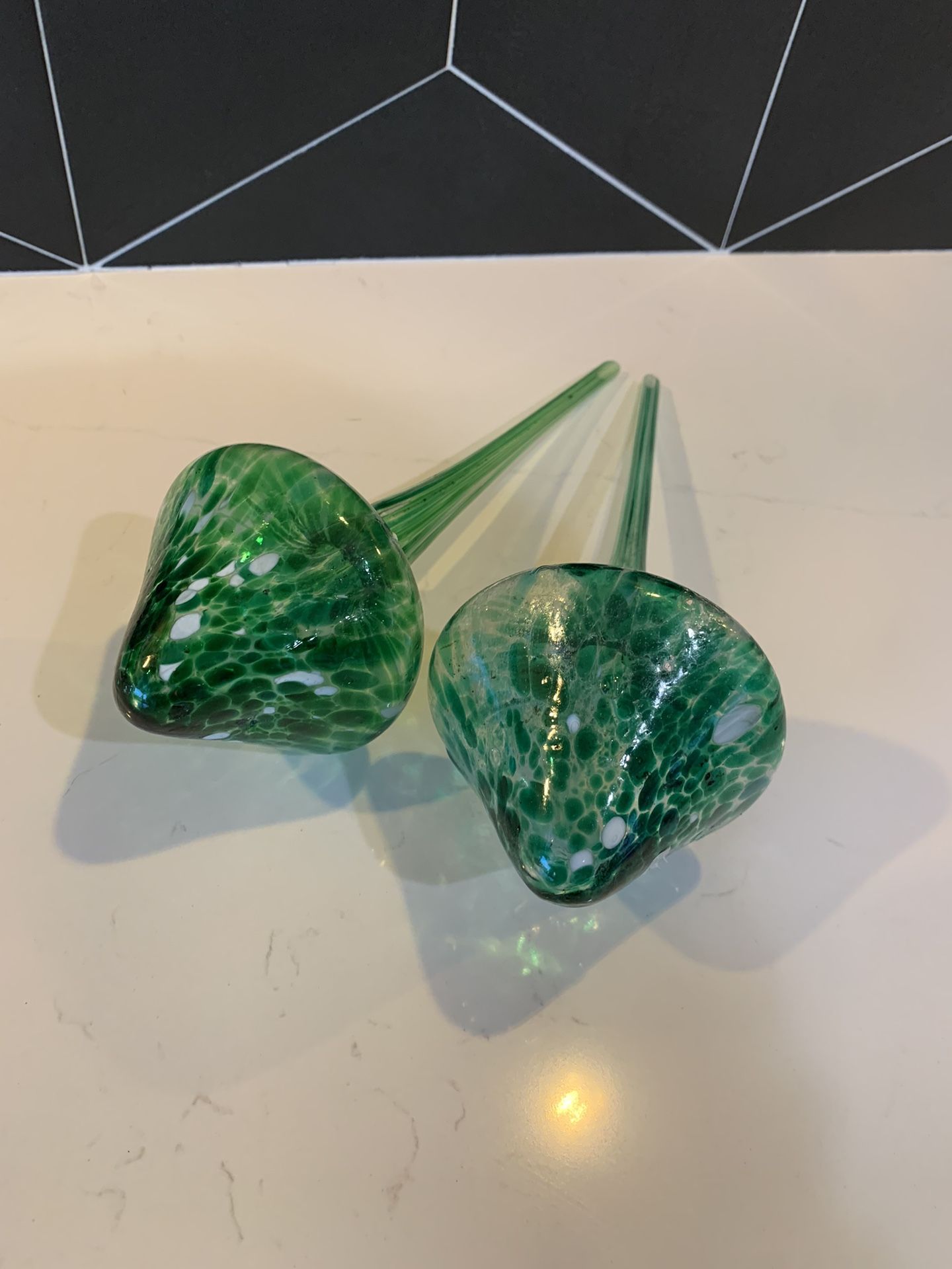 Hand Blown Glass Plant Watering Globes Mushroom Pair Of 2 RARE Green