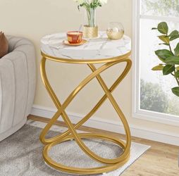 Round End Table, 26" Tall Sofa Side Table with Faux Marble Top