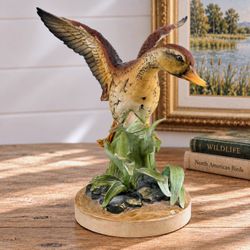 Vintage 1980s Andrea by Sadek Mallard Duck Figurine Japan w/ Wood Stand 7.5"