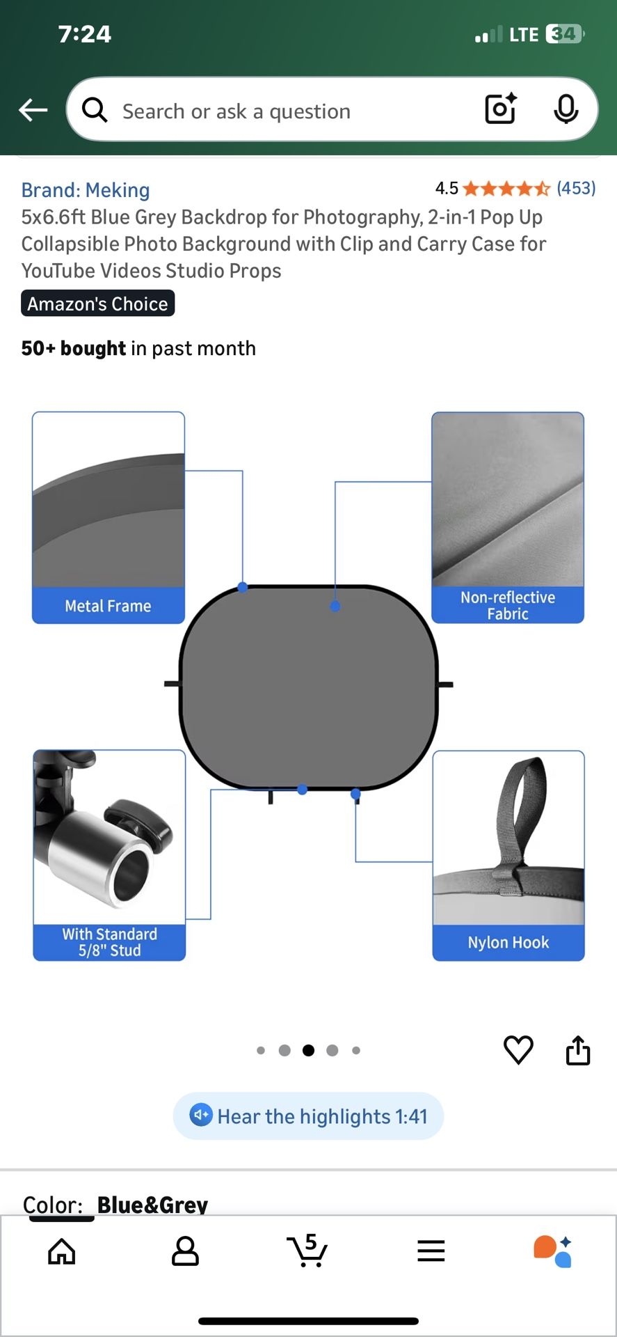 5x6.6ft Blue Grey Backdrop for Photography, 2-in-1 Pop Up Collapsible