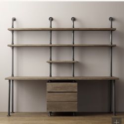 RESTORATION HARDWARE INDUSTRIAL PIPE DOUBLE DESK & SHELVING WITH DRAWERS