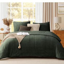 Monbix Fluffy Full Comforter Set Deep Forest, Sherpa Plush Fuzzy Comforter 3 Piece for Full Size Bed, Luxury Soft Winter Warm Bedding Set