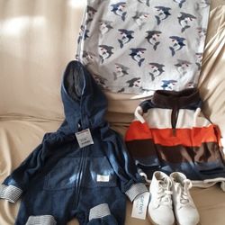 New 24 Mth Infant Carters Navy One Pc/ 12-18mth Baby Gap Multi Color Pullover & Pottery Barn Kids Grey Hoody Towel Leather / White Sz 5 Shoel