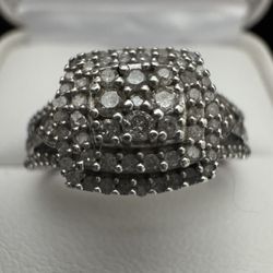 925 Sterling Silver 1/2 CTW Diamond  Square Halo Accent Ring Size 9