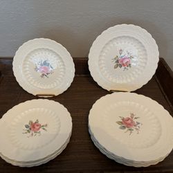 Set Of Spode Billingsley Rose Pink Jewel 6 Salad Plates And 7 Dinner Plate Old Backstamp 10 5/8"