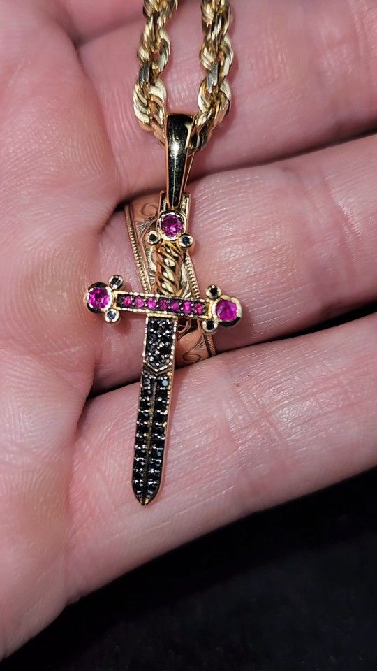 Solid 10k 4mm DC Rope Chain & Solid 10k Natural Black Diamond & Natural Ruby Sword Pendant