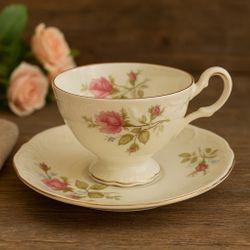 Royal Kent Poland 1960s Pink Rose Embossed Teacup & Saucer Set