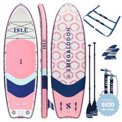 New 12' Isle Megalodon 3 Inflatable SUB-Kayak Paddle Board - Flamingo/Teal/Navy