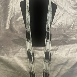 White & Black Beaded Necklace with Sterling Silver Accents