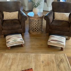 2 Woven Fabric Foot Stools With Acacia Wood Legs