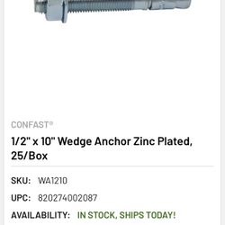 1/2" x 10" Wedge Anchor Zinc Plated, 25/Box