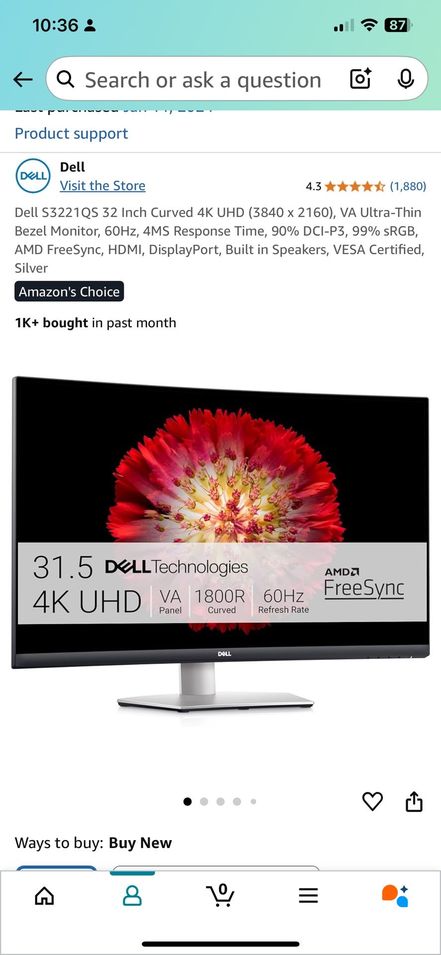 Used Dell S3221QS 32 Inch Curved 4K UHD (3840 x 2160), VA Ultra-Thin Bezel Monitor,